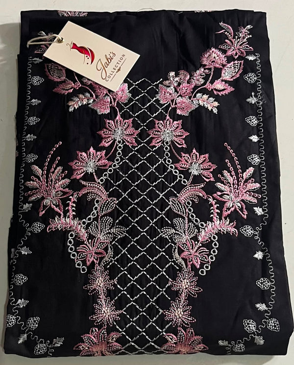 Luxury Black Floral Embroidered Unstitched Suit